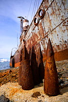 Whaling harpoon tips lie next to the ship Petrel that was used for whale hunting in Antarctic waters. It now stands grounded at Grytviken, South Georgia Island, Antarctica.