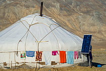 Nomad ger (yurt) camp with solar panel. Alti Mountains, western Mongolia. October 2011.
