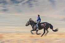 Young Kazakh horse racer at the Eagle Hunters festival near Ulgii Western Mongolia.