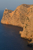 Lighthouse on cliff top. Cap de Formentor, Mallorca, Spain. August 2019.