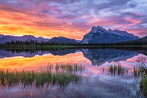 Mount Rundle reflected in Vermillion Lakes at sunrise. Banff National Park, Alberta, Canada. June 2018.