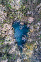 Aerial view of a Karst spring, Marais de Lavours Reserve, Ain, Alps, France, November.