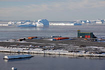 Dumont d&#39;Urville station runway, which was built by blasting 3 islands flat and was subsequently never utilised to land planes, now used as cargo storage. Antarctica. March 2012
