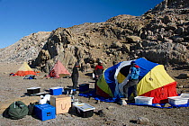 People putting up tent at a geology summer field camp, Rauer Islands, Antarctica February 2007
