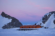 Storage building near Adelie penguin (Pygoscelis adeliae) colony, Dumont d&#39;Urville station, Antarctica. November 2012