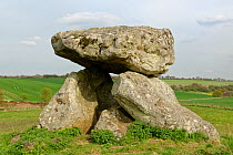 The Devil&#39;s Den, the remains of a neolithic burial chamber or dolmen at Fyfield Down National Nature Reserve, the Ridgeway, Marlborough Downs, Wiltshire, UK, April 2019.