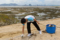 Students cleaning the beach at Horseshoe crab release event oragnized by Ocean Park Conservation Foundation, Hak Pak Nai beach, Yue Long, Hong Kong, China