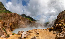 Steam and gases rising from Boiling Lake, a water filled fumarole on active volcano. Morne Trois Pitons National Park, Dominica, Lesser Antilles. 2020.