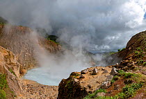 Steam and gases rising from Boiling Lake, a water filled fumarole on active volcano. Morne Trois Pitons National Park, Dominica, Lesser Antilles. 2020.
