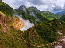 Steam rising from Boiling Lake, a sulphur lake on active volcano, surrounded by cloud forest. Morne Trois Pitons National Park, Dominica, Lesser Antilles. 2020.
