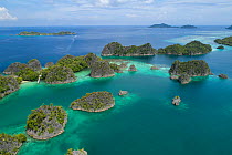 Fam Islands, karst limestone islands covered in rainforest in Pacific Ocean, aerial view. Raja Ampat Islands, Indonesia. 2018.