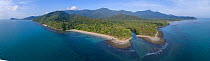 Daintree River mouth and coastline with forested mountains inland, aerial view from Pacific Ocean. Wet Tropics of Queensland, Far North Queensland, Australia. 2017.