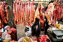 Yak (Bos grunniens) meat for sale on stall in Tibetan market. Litang, Garze Tibetan Autonomous Prefecture, Sichuan, China. 2016.