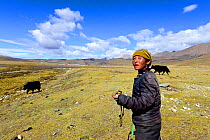 Shepherdess holding sling used to control Yak (Bos grunniens). Litang, Kham, Garze Tibetan Autonomous Prefecture, Sichuan, China. October 2016.