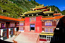 Palpung Monastery building below hills, Kham, Dege County, Garze Tibetan Autonomous Prefecture, Sichuan, China. 2016.