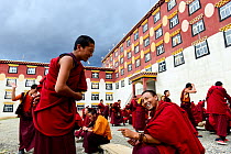 Buddhist monks participating in dialectical debates outside building of Palpung Monastery. Kham, Dege County, Garze Tibetan Autonomous Prefecture, Sichuan, China. 2016.