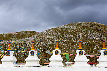 Buddhist prayer flags on hills above Gyerco Monastery, Tagong, Garze Tibetan Autonomous Prefecture, Sichuan, China. 2016.