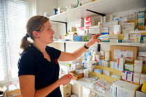 Veterinarian handling medicine at the pharmacy of the surgery station, Beauval Zoo, Saint-Aignan, France.