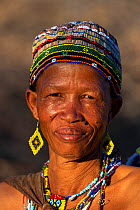 Woman of the San bushmen tribe, portrait. Makgadikgadi Pans National Park, Botswana. 2019.