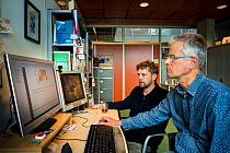 Biologists working on research in office, lead authors of a paper evidencing a 75 percent drop in flying insect biomass in 27 years. Radboud University, Nijmegen, The Netherlands. 2019. Editorial use...