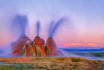 Scalding hot water continuously spouting behind layers of mineral deposits, Fly Geyser, Black Rock Desert, Great Basin Desert, Nevada, USA