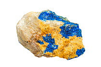 Linarite, crystalline mineral, combined copper lead sulfate hydroxide, found in Bingham, New Mexico on white background