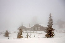 Mountain cottage in fog. Golsfjell region, Buskerud, Viken, Norway. February 2020.