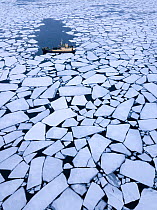 Ship amongst fragments of sea ice. Hornsund, Svalbard, Norway. May 2018.