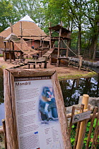 Zoo sign about Mandrills (Mandrillus sphinx) in front of the enclosure, Ouwehands Zoo, Rhenen, The Netherlands.