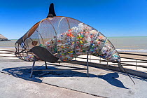 Fish shaped recycling bin containing plastic bottles. On promenade above beach. San Felipe, Baja California, Mexico. 2020.