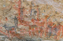 Pictographs depicting people amongst Deer / Antelope, Sheep and Goat. Cueva La Pintada cave paintings, Sierra de San Francisco, El Vizcaino Biosphere Reserve, Baja California Sur, Mexico. 2020.