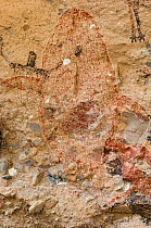 Pictographs depicting Whale and person / mono alongside Goat / Sheep. Cueva La Pintada cave paintings, Sierra de San Francisco, El Vizcaino Biosphere Reserve, Baja California Sur, Mexico. 2020.
