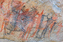 Pictographs depicting Deer / Antelope amongst people with arms in air. Cueva La Pintada cave paintings, Sierra de San Francisco, El Vizcaino Biosphere Reserve, Baja California Sur, Mexico. 2020.