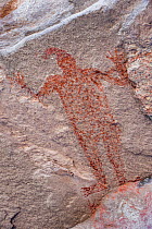 Pictographs depicting mono / person with arms in air, dating from 10,000 years ago. El Palmarito cave paintings, Santa Martha, Sierra de San Francisco, El Vizcaino Biosphere Reserve, Baja California S...