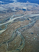 Frozen braided Amur River, aerial view. North of Petropavlovka, Russian Far East, Far East Russia. February 2020.