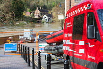 Fire and rescue service vehicle and equipment beside River Severn in flood conditions. After Storm Ciara and Storm Dennis, the wettest February recorded in the UK. Ironbridge, Shropshire, England, UK....