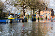 Bus station flooded by River Severn. After Storm Ciara and Storm Dennis, the wettest February recorded in the UK. Shrewsbury, Shropshire, England, UK. February 2020.