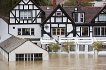 Riverside pub inundated with flood water from River Severn, after Storm Ciara and Storm Dennis during the wettest February recorded in the UK. Shrewsbury, Shropshire, England, UK. February 2020.