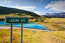 Signpost in front of Laguna Azul. Torres del Paine National Park, Patagonia, Chile. January 2020.