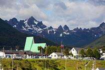 Puerto Williams, the most southerly town in the world, mountain range in background. Navarino Island, Magallanes, Chile. January 2020.