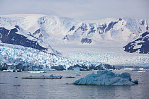 Snow covered mountains and glacier, icebergs in foreground. View from Detaille Island, Graham Land, Antarctica. January 2020.