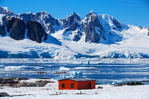 Gentoo penguin (Pygoscelis papua) colony on rocks around hut on Petermann Island, tourists from expedition cruise ship sea kayaking in Southern Ocean. Mountains of Graham Land in background. Antarctic...