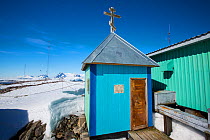 Small chapel in snow, Vernadsky Station Ukrainian research base, Galindez Island, Argentine Islands, Antarctica. 2019.