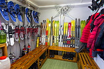 Equipment room with skis, snowshoes and coats. Vernadsky Station Ukrainian research base, Galindez Island, Argentine Islands, Antarctica. 2019.