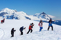 Tourists from expedition cruise ship snow shoeing up slope, mountains and Southern Ocean in background. Orne Harbour, Danco Coast, Graham Land, Antarctica. December 2019.