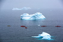 Tourists from an expedition cruise ship sea kayaking past icebergs. Portal Point, Reclus Peninsula, Antarctica. December 2019.