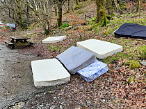 Mattreses fly tipped and illegally dumped in car park at edge of woodland. White Moss, near Ambleside, Lake District National Park, England, UK. February 2020.