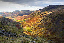 Moorland view through Duddon Valley towards Cockley Beck, Wrynose Pass alongside meandering river. Lake District National Park, Cumbria, England, UK. November 2019.
