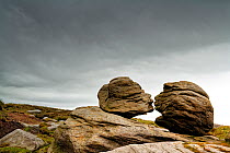 Wain Stones known as The Kiss, millstone grit boulders from the Carboniferous, eroded and sculpted. Bleaklow, near Glossop, Peak District National Park, England, UK. June 2020.