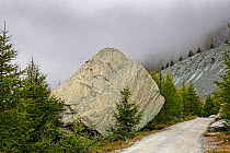 Glacial erratic at the side of track in mountains. Zermatt, Valais, Switzerland. September 2019.